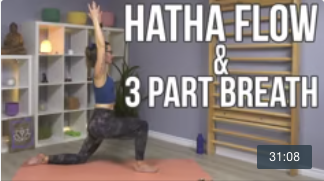 Carole Carter in Living Lotus Online yoga studio demonstrating crescent lunge on the knee Anjaneyasana